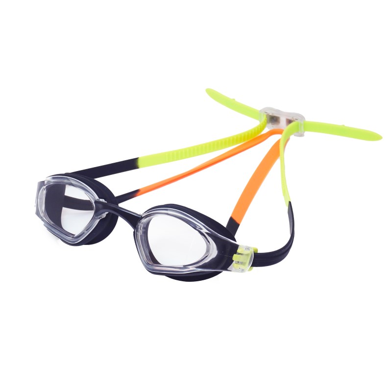 Neue coole Wettkampf- &amp; Trainingsbrille Glacier mit klaren Gläsern und schwarzen Schalen und mehrfarbigem Silikonband von Saeko