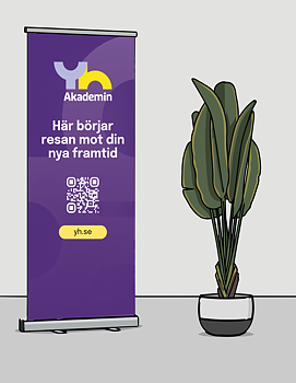 En lila rollup med YH Akademins logo samt texten "Här börjar resan mot din nya framtid" , en QR-kod samt YH.se Bredvid står en växt i kruka 