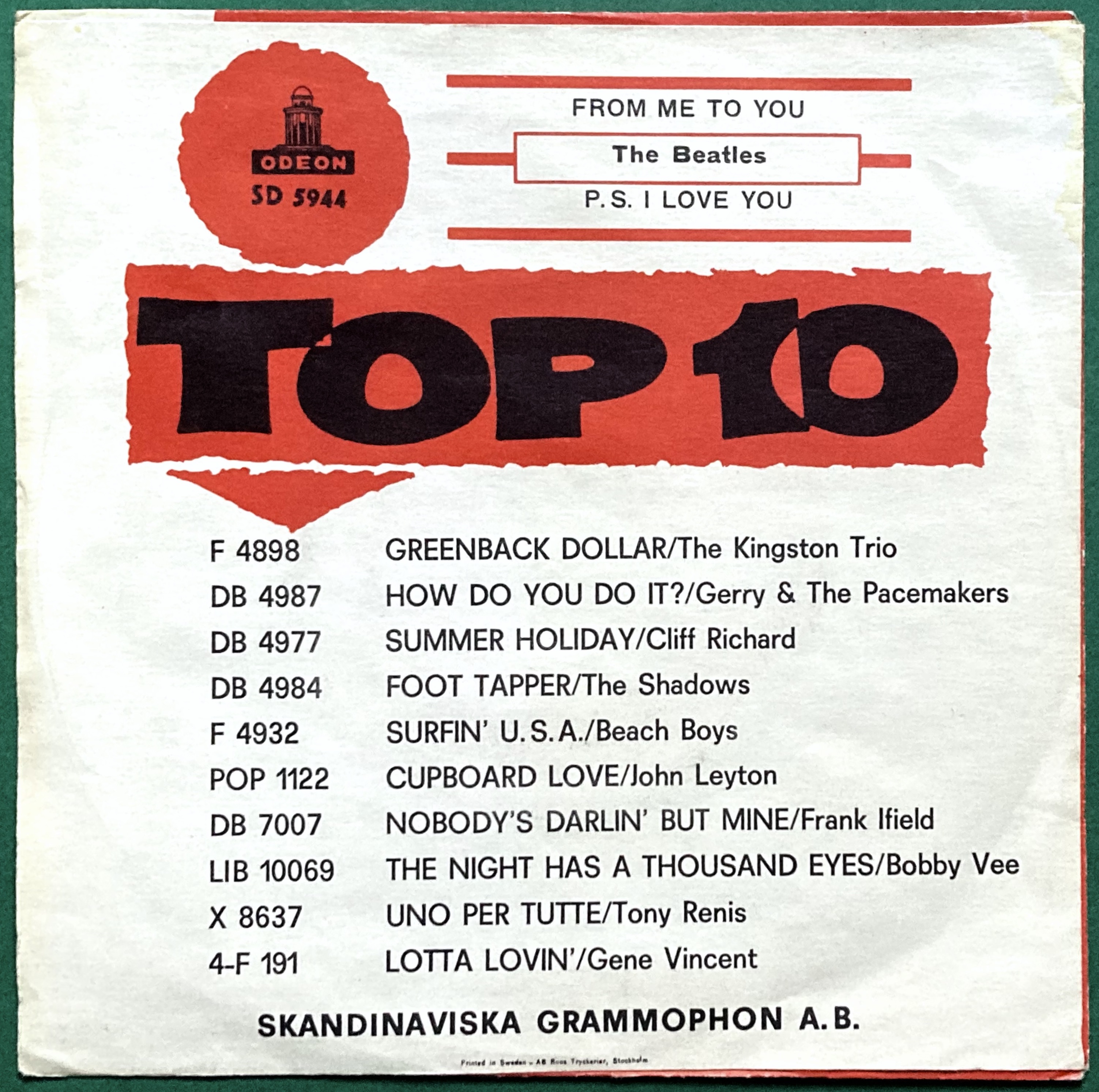 BEATLES - From me to you Röd Swe PS 1963 - 2