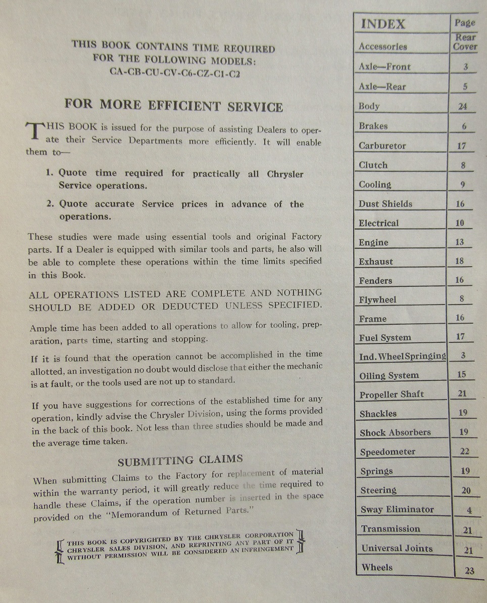 1935 Chrysler Service Operation Time Schedule - 2