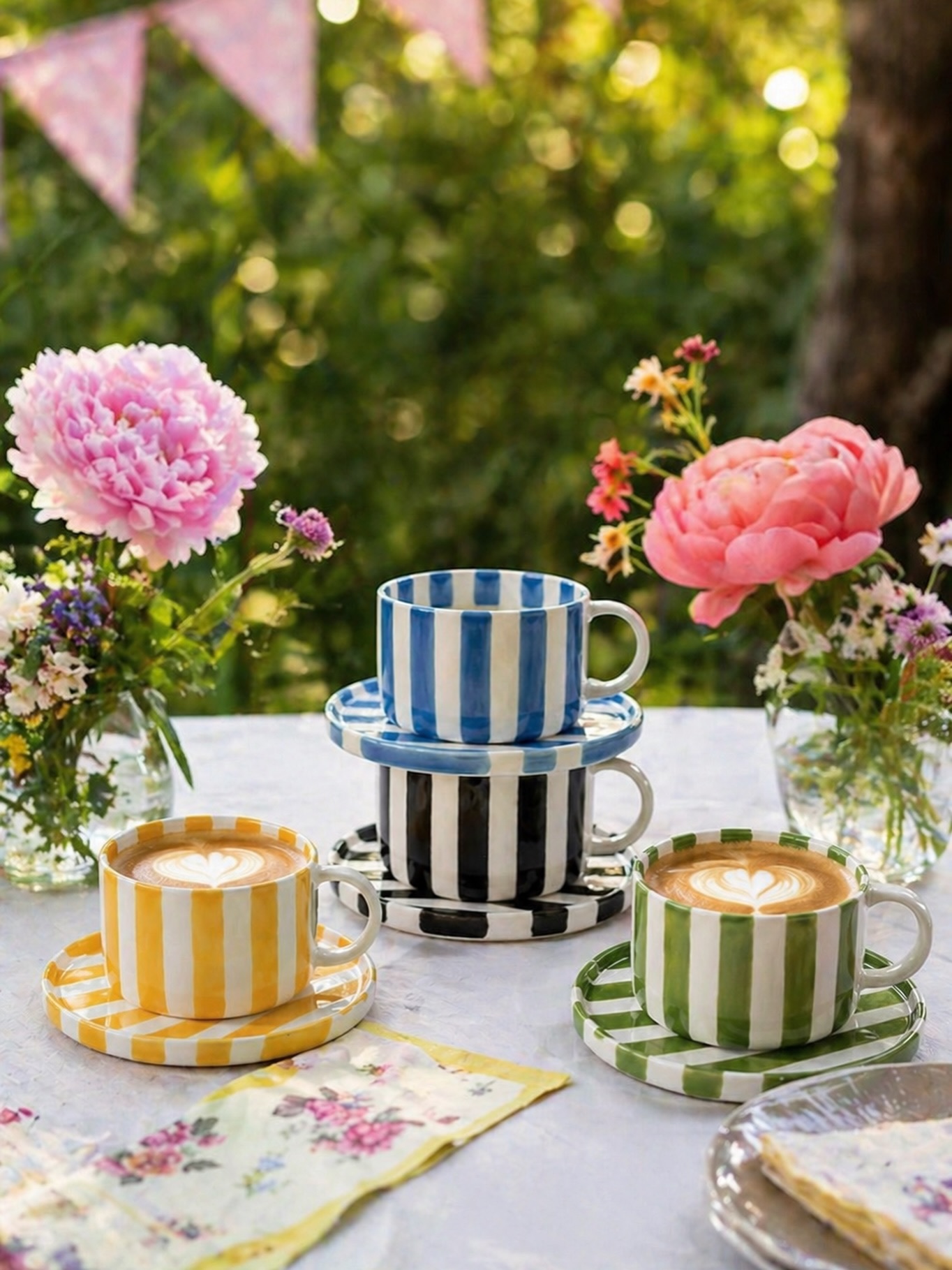 Cup with saucer - Striped - Blue