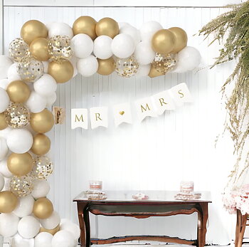Ballongbåge & vimpel "MR & MRS" - Guld