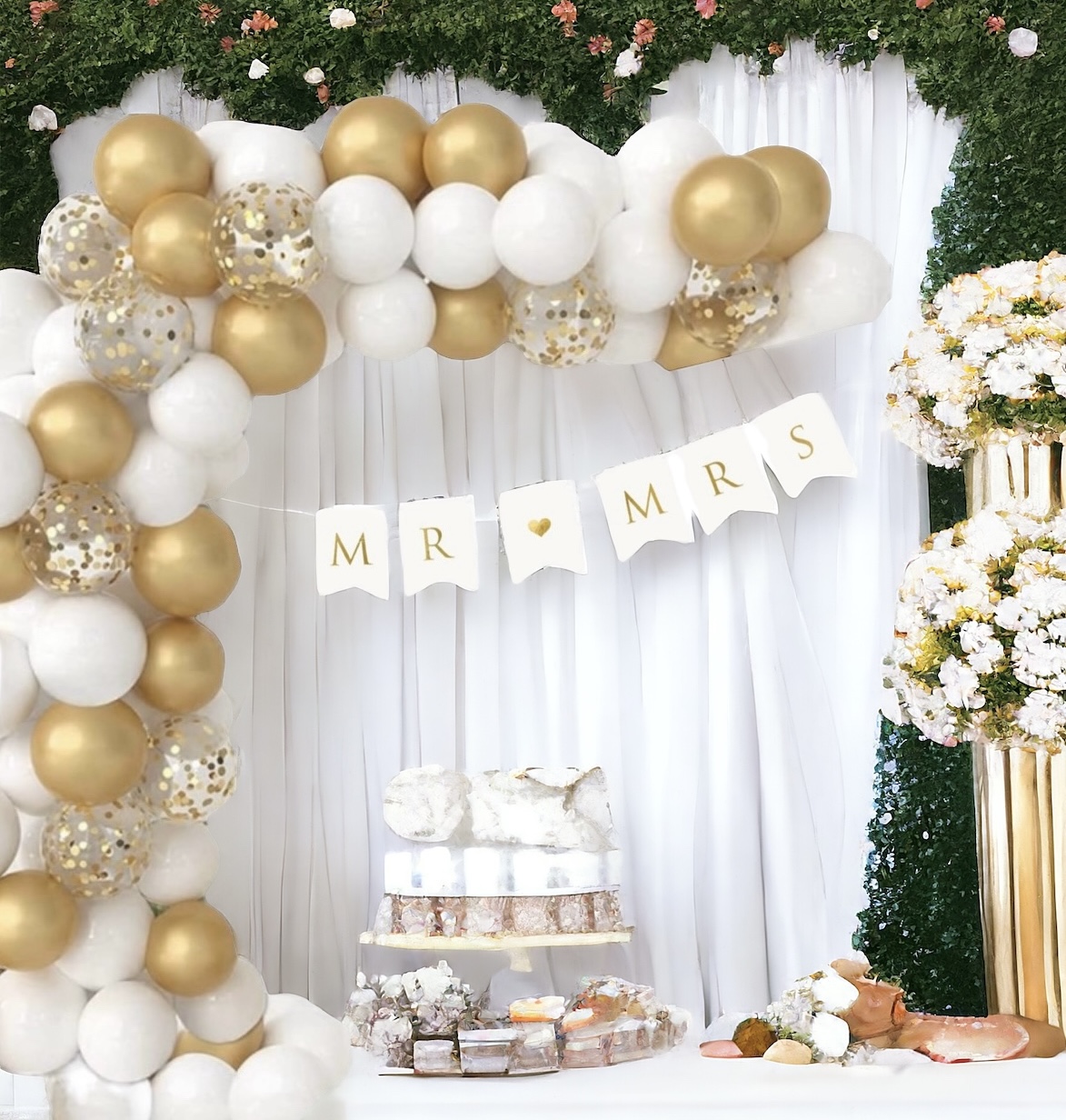 Ballongbåge & vimpel "MR & MRS" - Guld -1