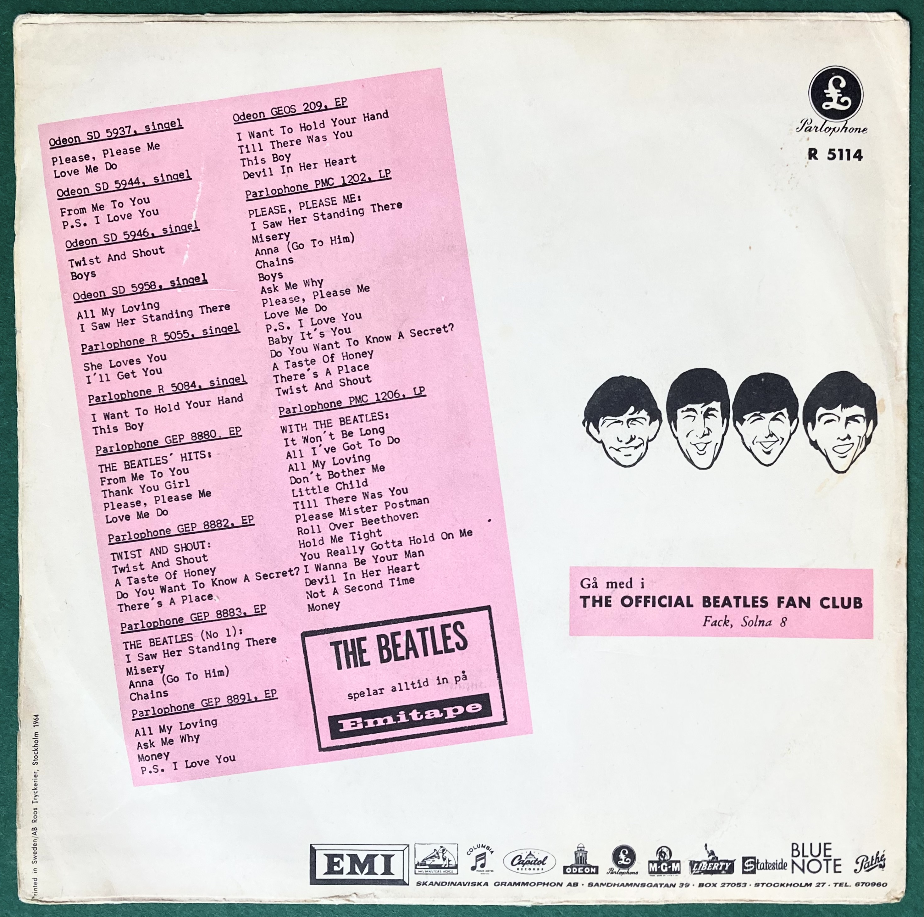 BEATLES - Can´t buy me love 7" Rosa Swe PS 1964 - 2