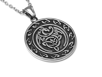 Drake Viking Halsband i Rostfritt Stål, Trippelhorn Hänge, Asatro Accessoar, Vikingasmycke