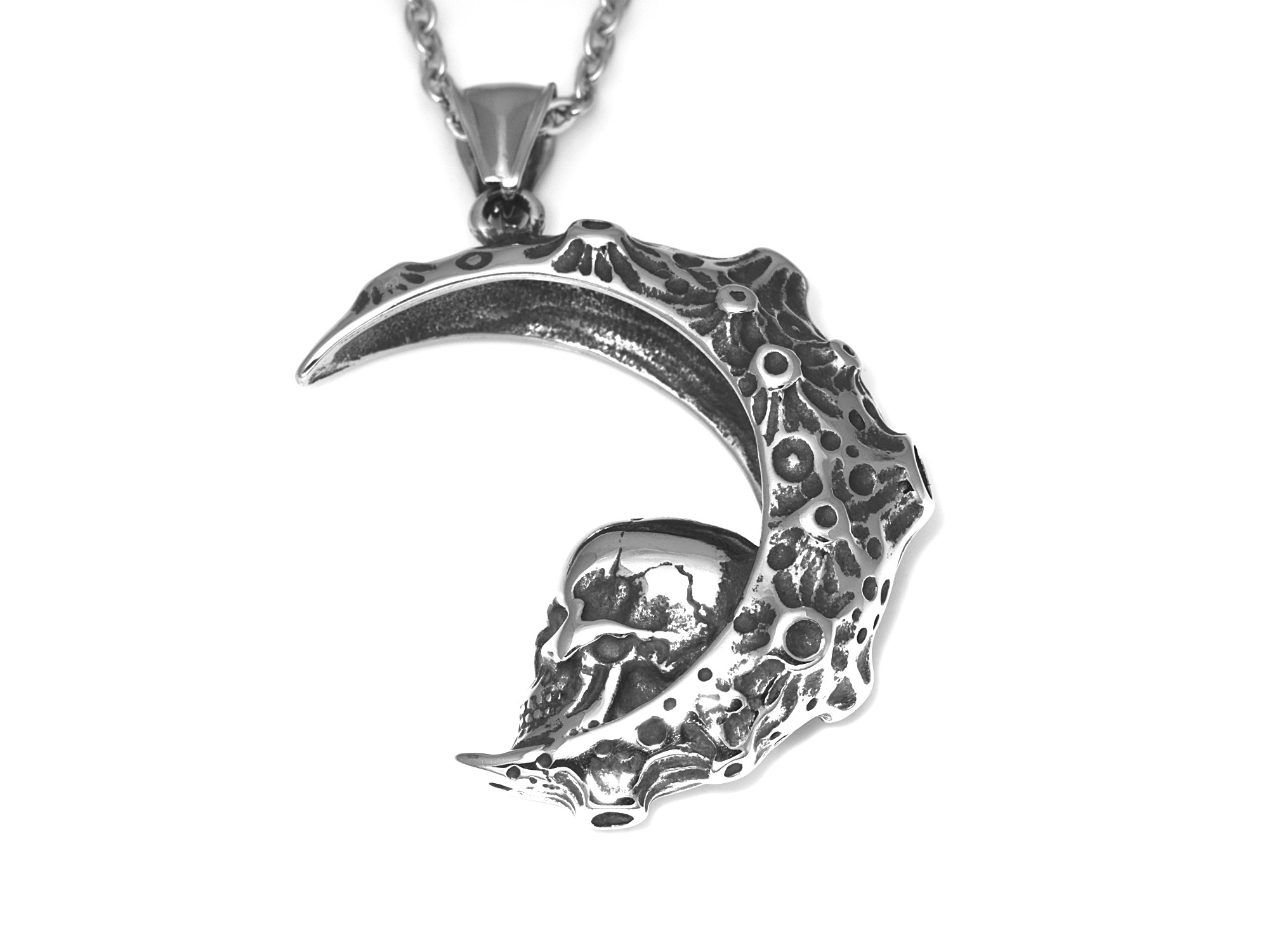 Måne och Döskalle Halsband i Rostfritt Stål, Månskära Dödskalle Hänge, Rock Smycke - 2