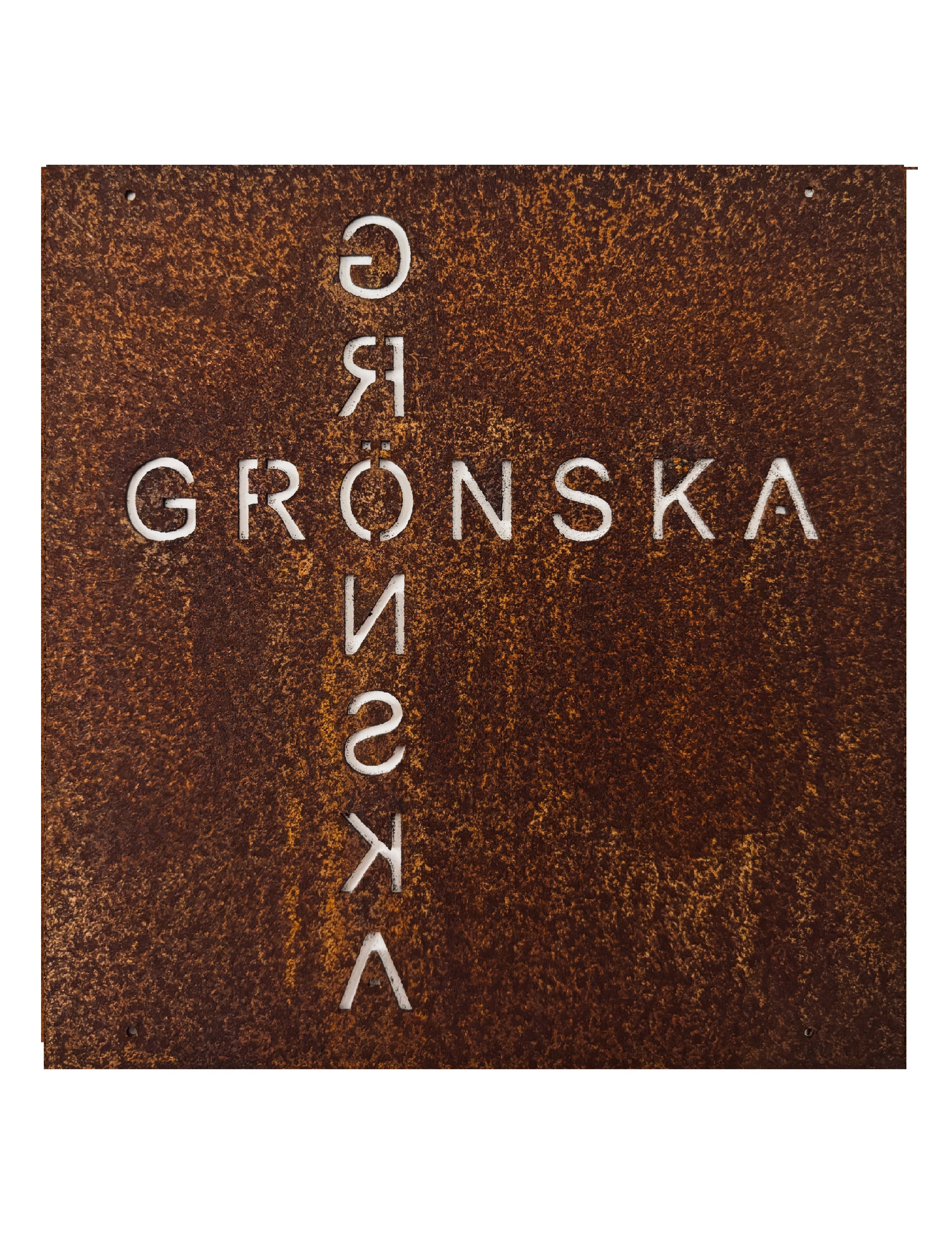 Rostig skylt till armeringsnät GRÖNSKA som text 14 cm - 3