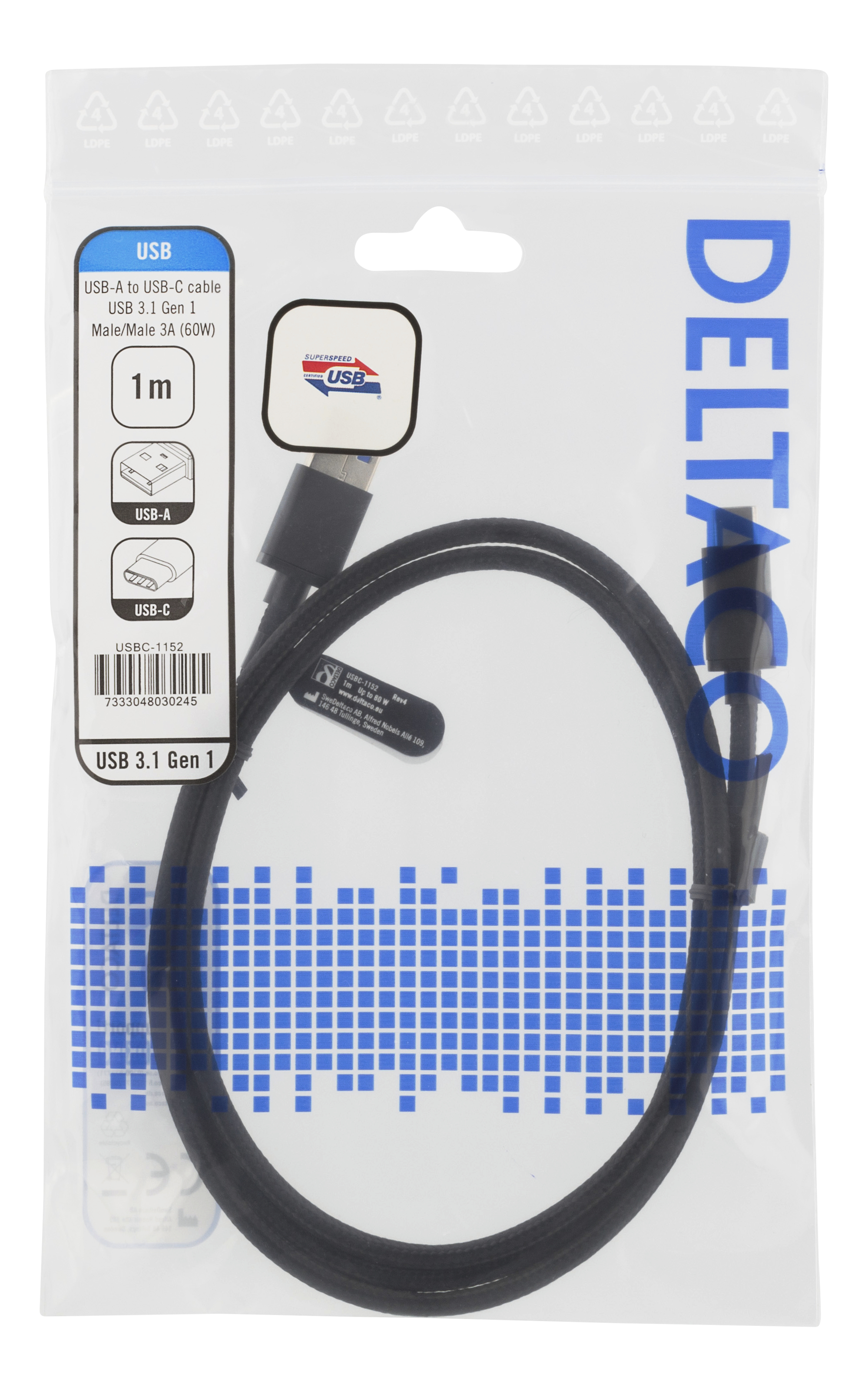 DELTACO USB 3.1 kabel, USB-A - USB-C, 1m, svart - 2