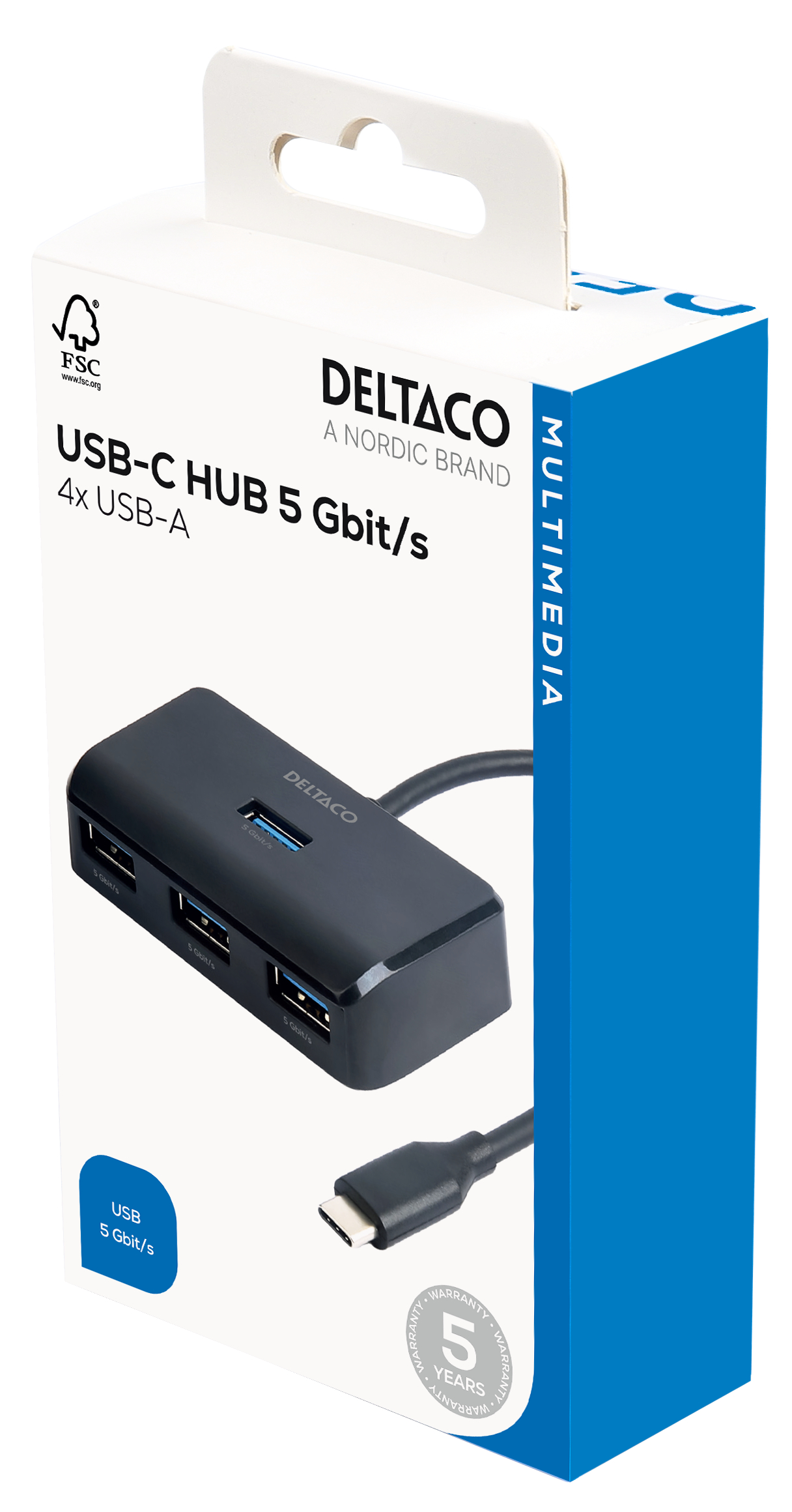Deltaco USB-C hubb med 4 USB-A portar, 5 Gbit/s, extra strömtillförsel, svart - 5