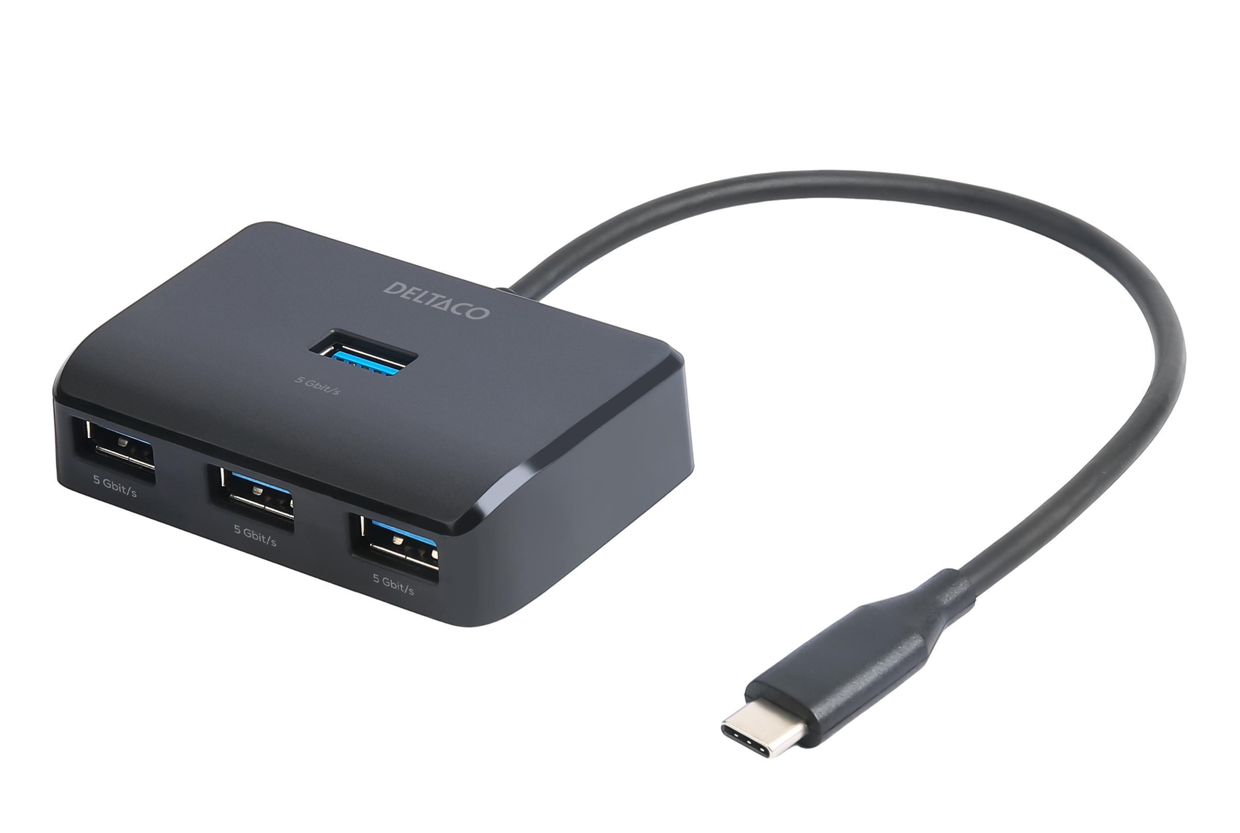 Deltaco USB-C hubb med 4 USB-A portar, 5 Gbit/s, extra strömtillförsel, svart