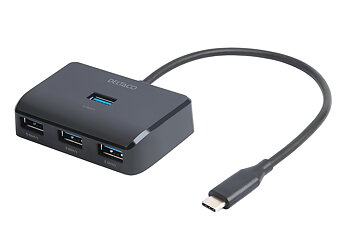 Deltaco USB-C hubb med 4 USB-A portar, 5 Gbit/s, extra strömtillförsel, svart