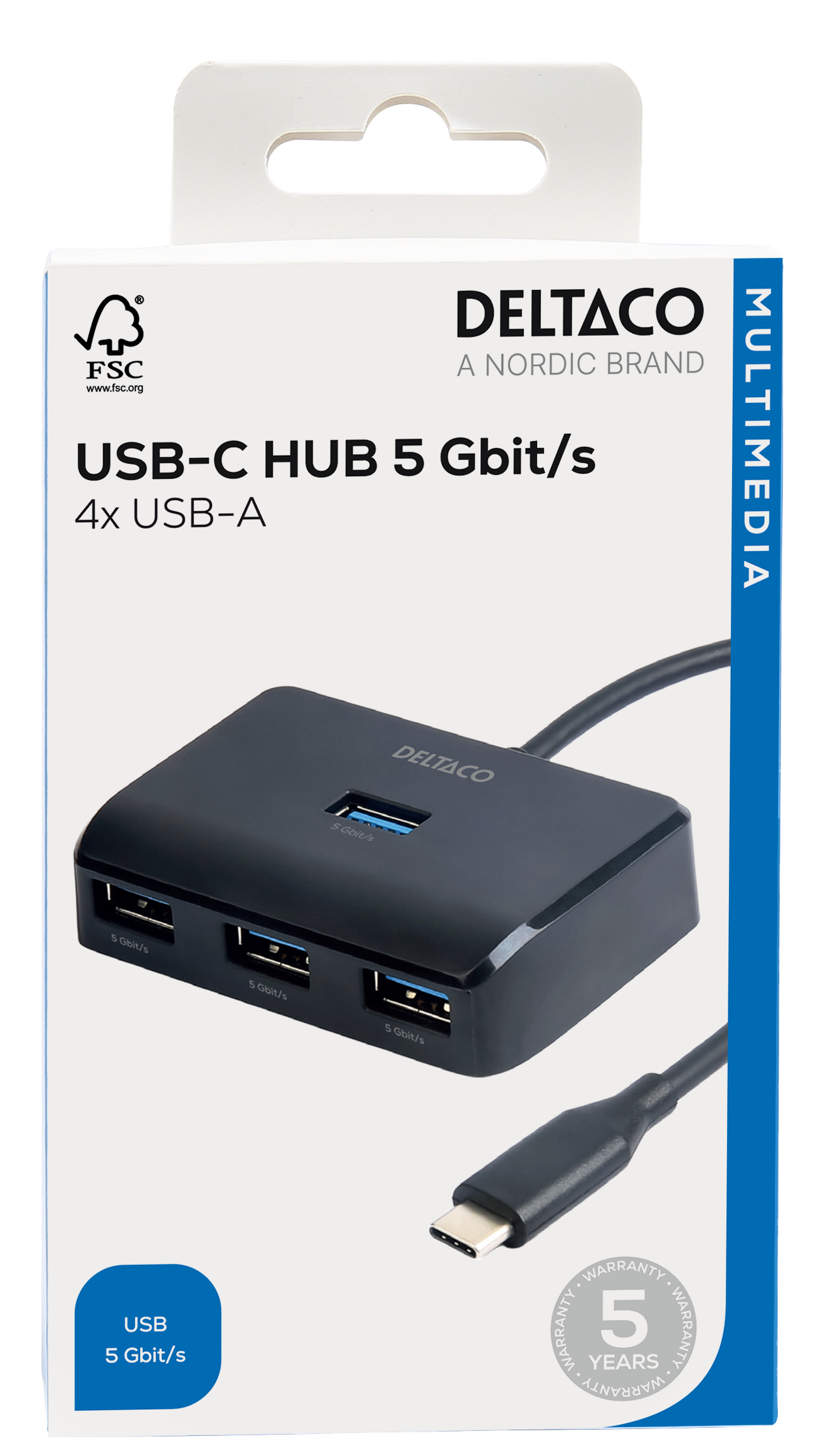 Deltaco USB-C hubb med 4 USB-A portar, 5 Gbit/s, extra strömtillförsel, svart - 6
