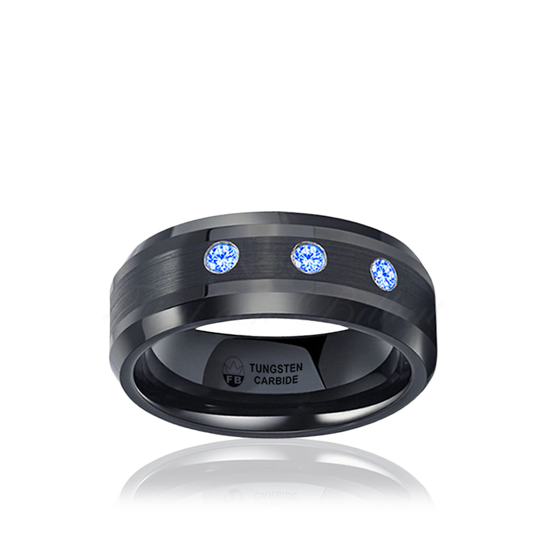 Ring Tungsten Svart med Blå AAA Zircon diamanter FB1000 Black Midnight Blue 8mm front Lyxiga ringar Fint och Billigt Var Design