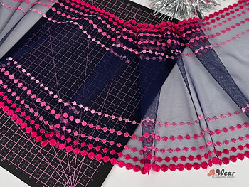 Non stretch lace in navy blue with pink dots - 21 cm