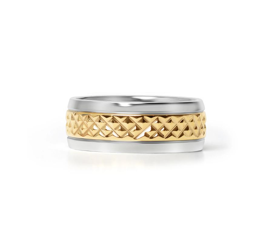 Tofarget ring i gull/stål - 8 mm bred - 2
