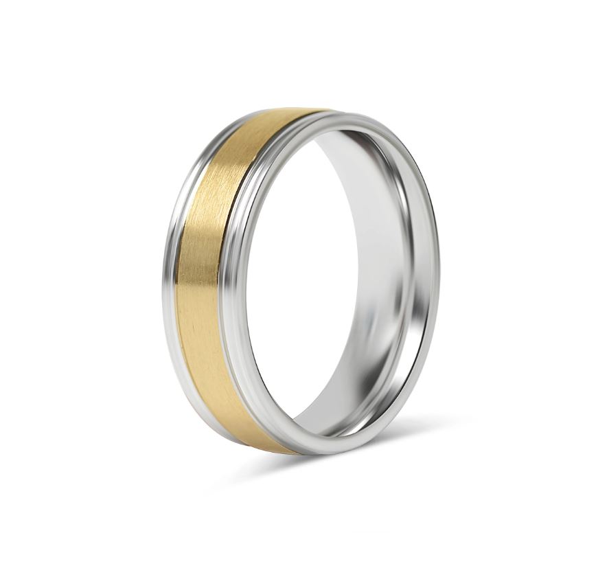 Sléttur mattur hringur í gulli/stáli - 6 mm breiður - 2