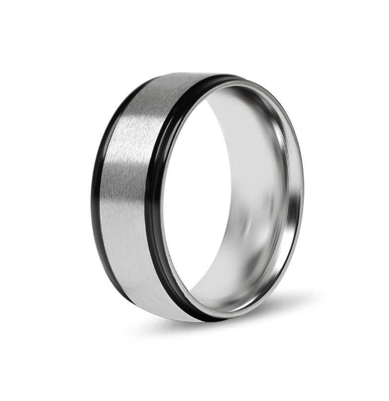 Burstaður tvílitur hringur í svörtu og stáli - 8 mm breiður - 2
