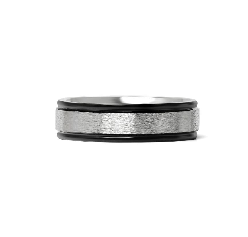 Zweifarbiger glänzender & matter Ring in Schwarz & Stahl - 6mm breit - 3