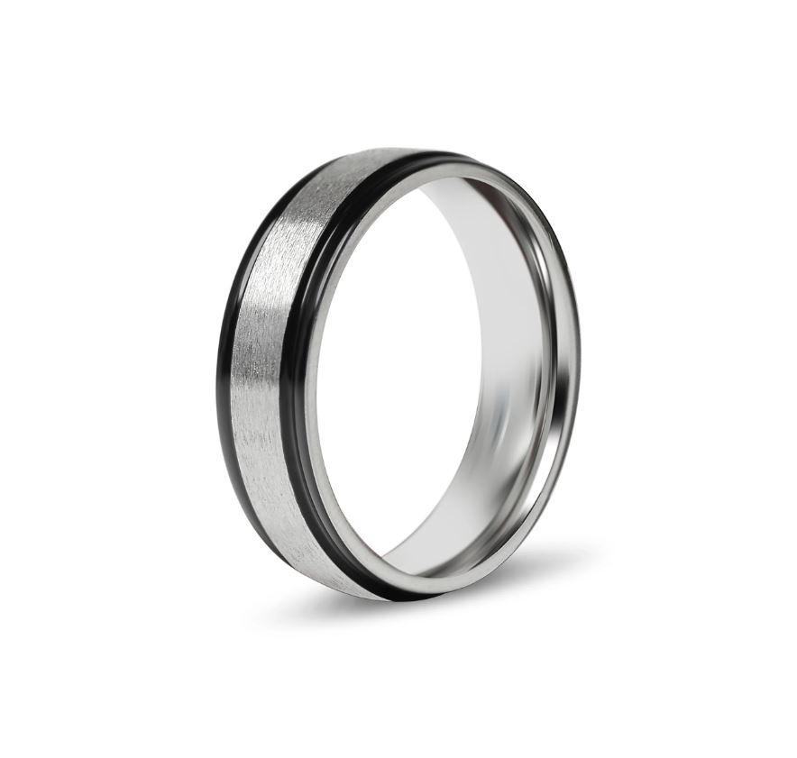 Zweifarbiger glänzender & matter Ring in Schwarz & Stahl - 6mm breit - 2