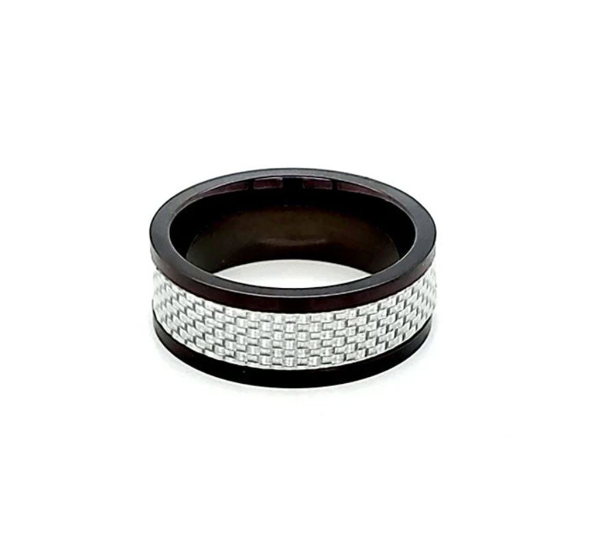 Zweifarbiger Ring in Schwarz & Stahl mit Struktur - 8mm breit - 3