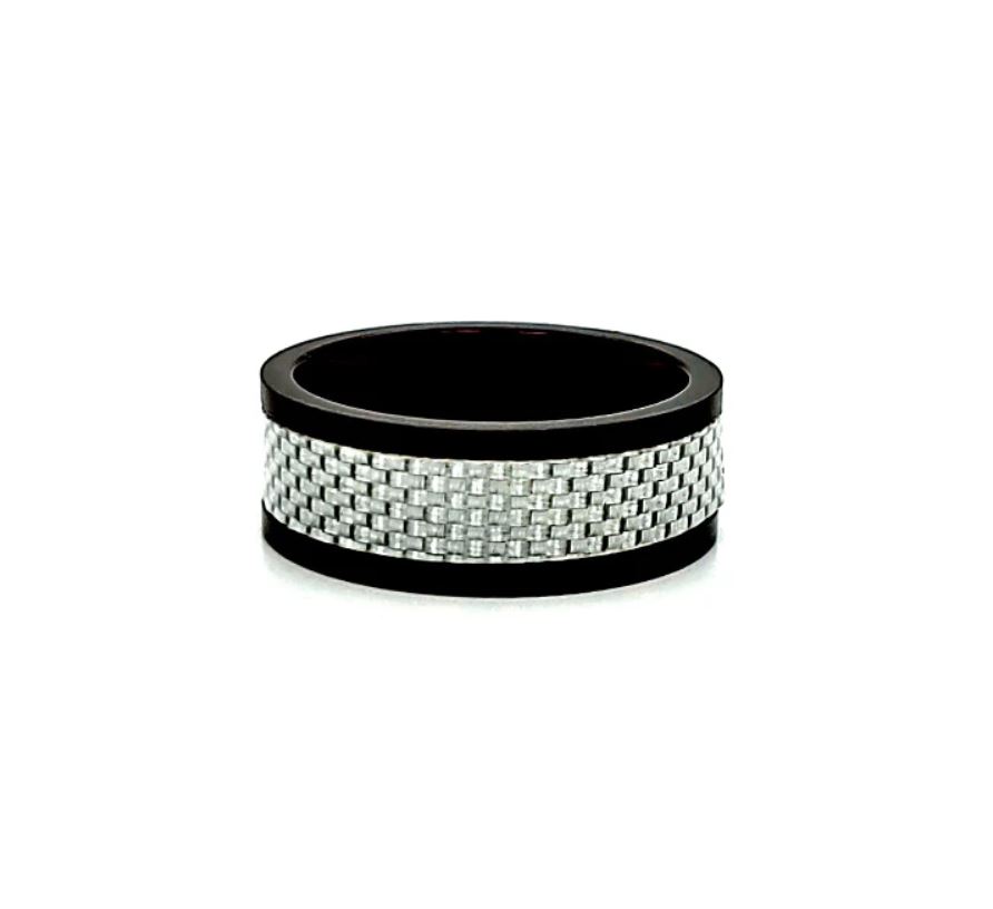 Zweifarbiger Ring in Schwarz & Stahl mit Struktur - 8mm breit - 2