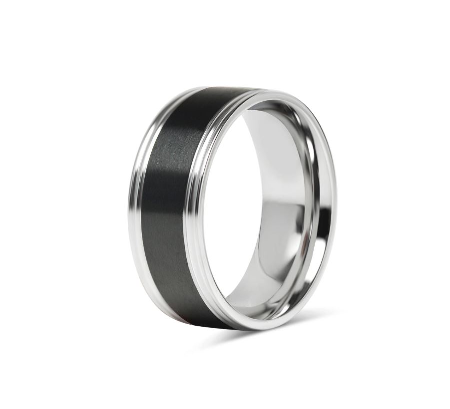 Sileä kaksivärinen kiiltävä sormus mustaa ja terästä - 8mm leveä - 2