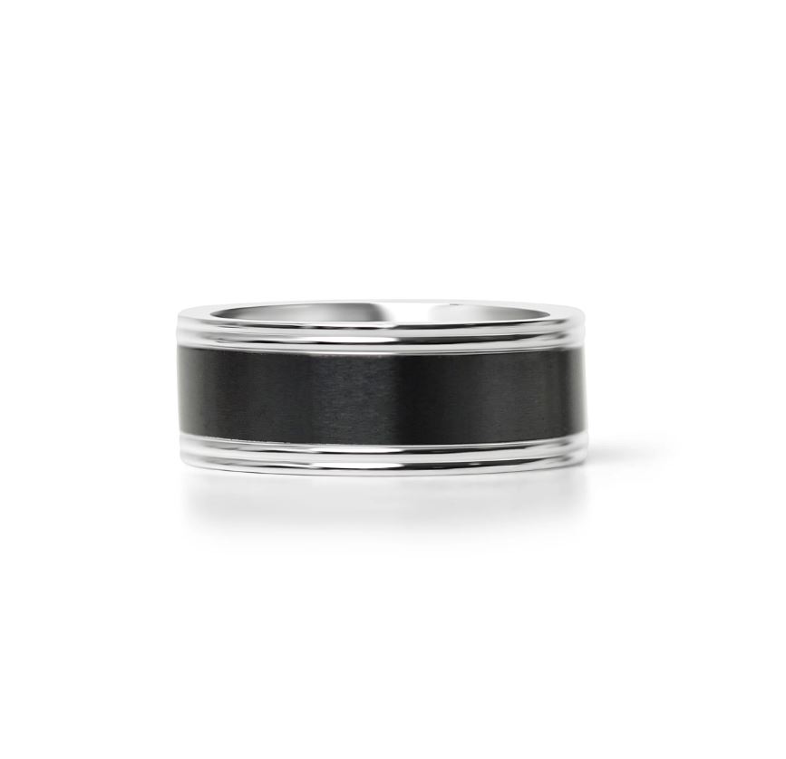 Sileä kaksivärinen kiiltävä sormus mustaa ja terästä - 8mm leveä - 3
