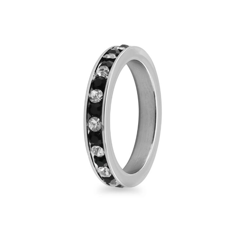 Kaksivärinen vihkisormus mustalla ja teräksellä, jossa on zirkoneita - 3mm leveä - 3