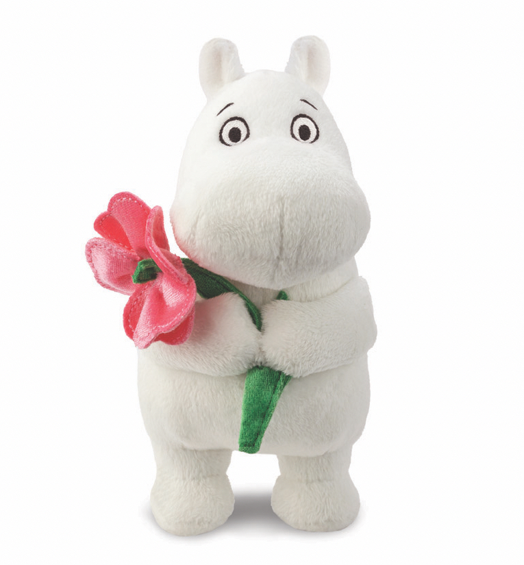 Moomintroll Plush Toy - Holding a pink flower - 18 cm
