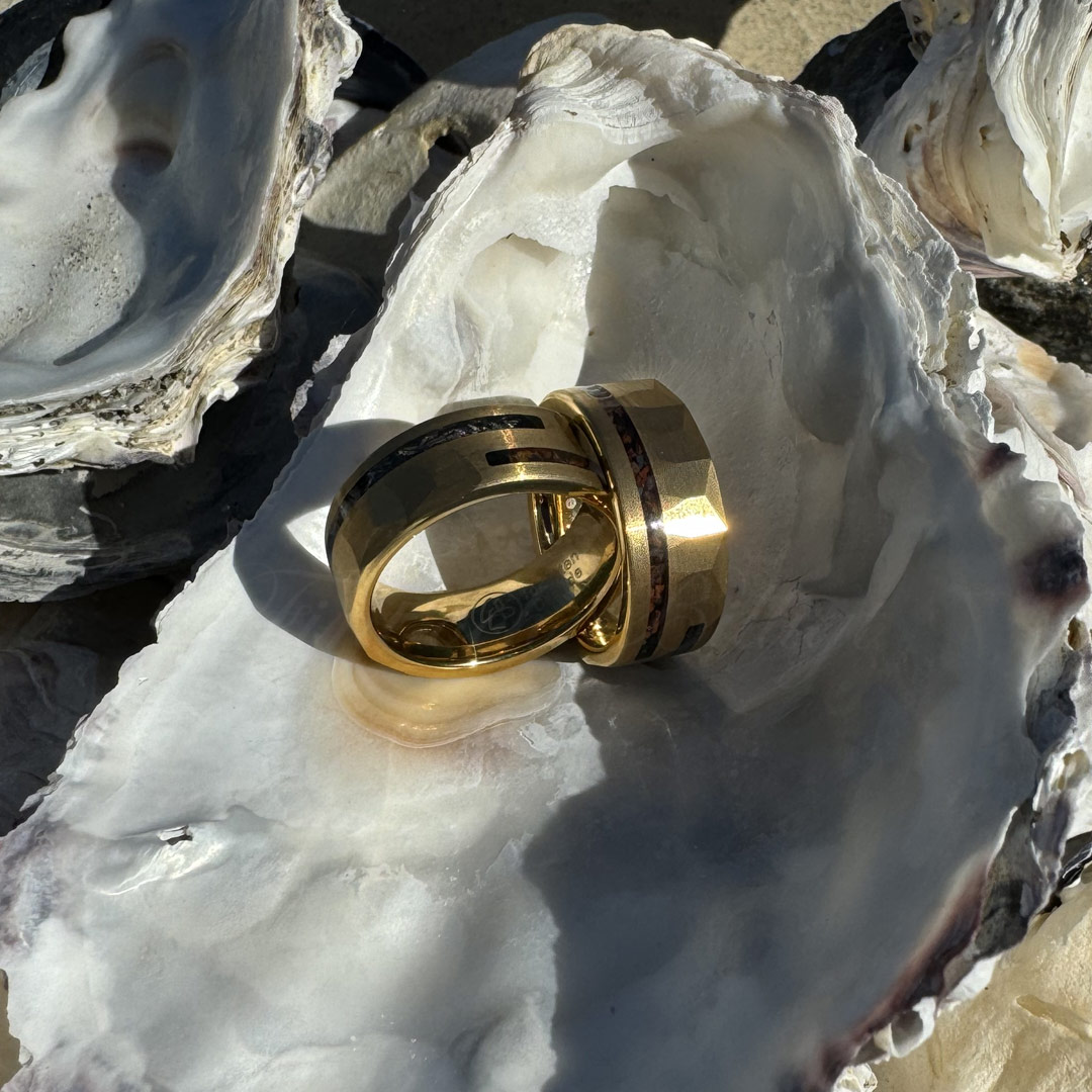 Ring Tungsten Gold Dinosaur Bone Crushed Meteorite Goldrex mother of pearl Unique Luxury Tungsten ring Var Design Fint och Billigt