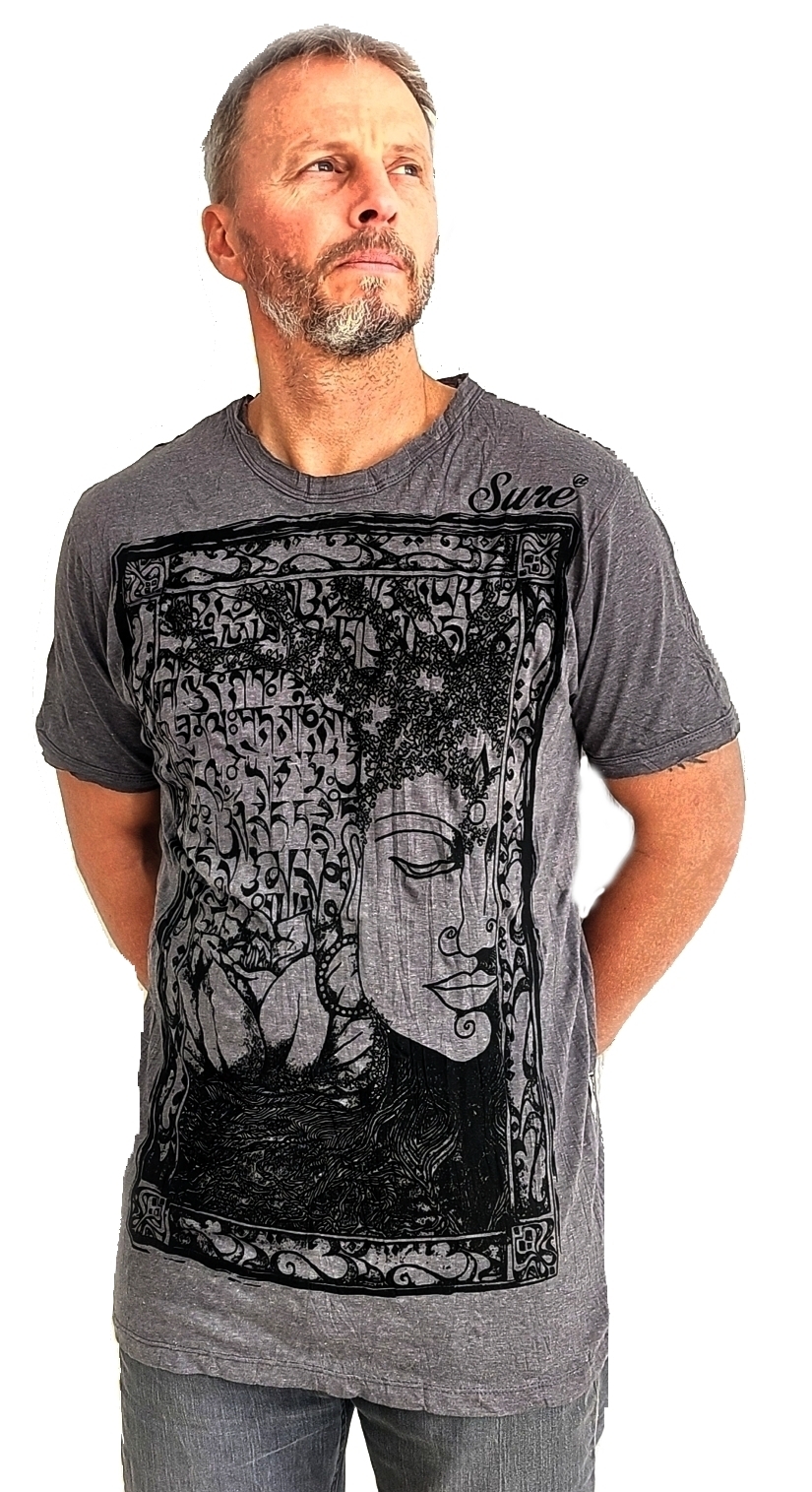 Sure T-shirt , Buddha med Sanskrit text,  Svart/Grå