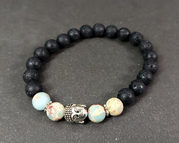 Buddha Armband -Ljusblå Havsjaspis / Lava Sten