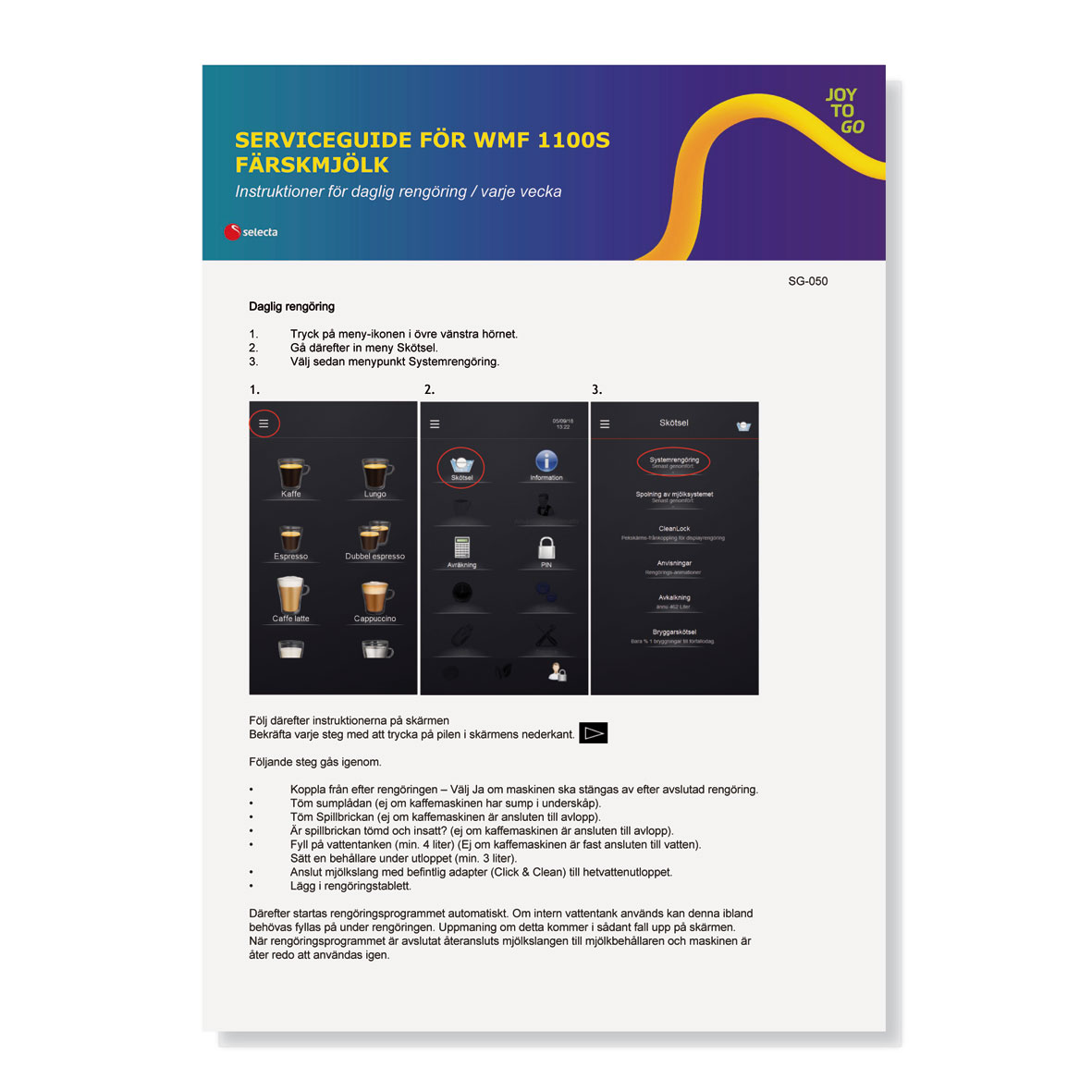 SERVICEGUIDE FÖR WMF 1100S FÄRSKMJÖLK. Instruktioner för daglig rengöring  / varje vecka.