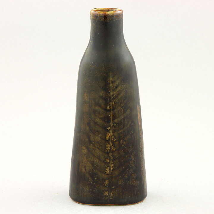Carl-Harry Stålhane (1960s) Brown Studio Vase with Relief Decor 18 cm