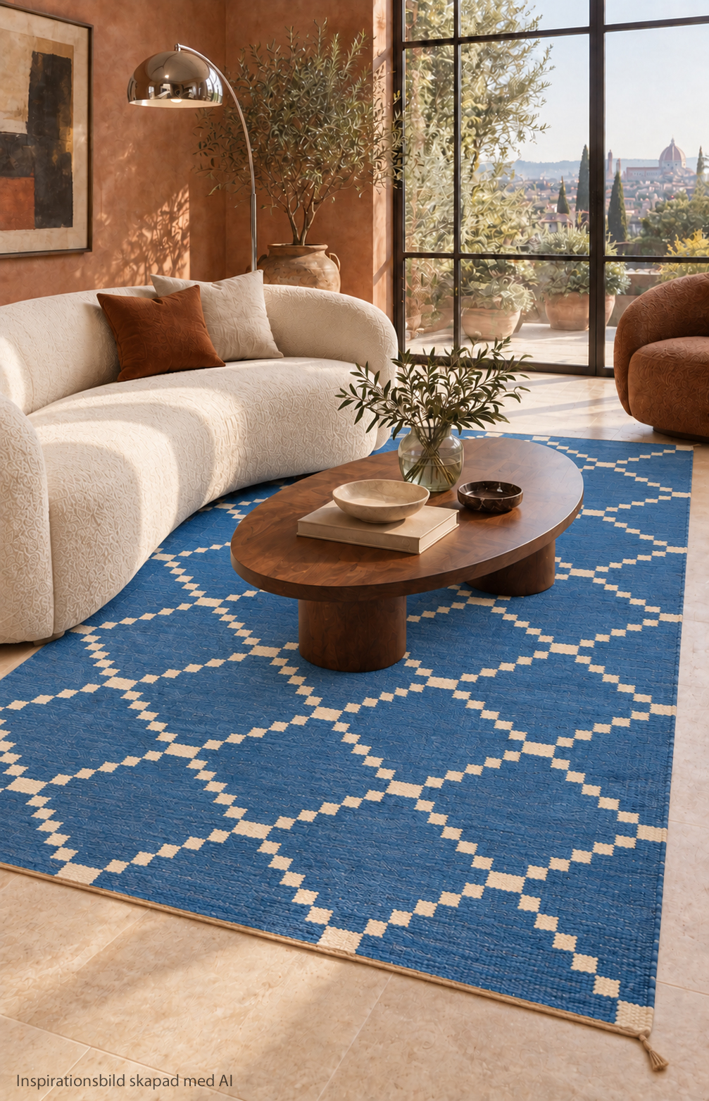 Röllakan Östanå Light Blue från Axeco i ett vardagsrum med terracotta färgade väggar