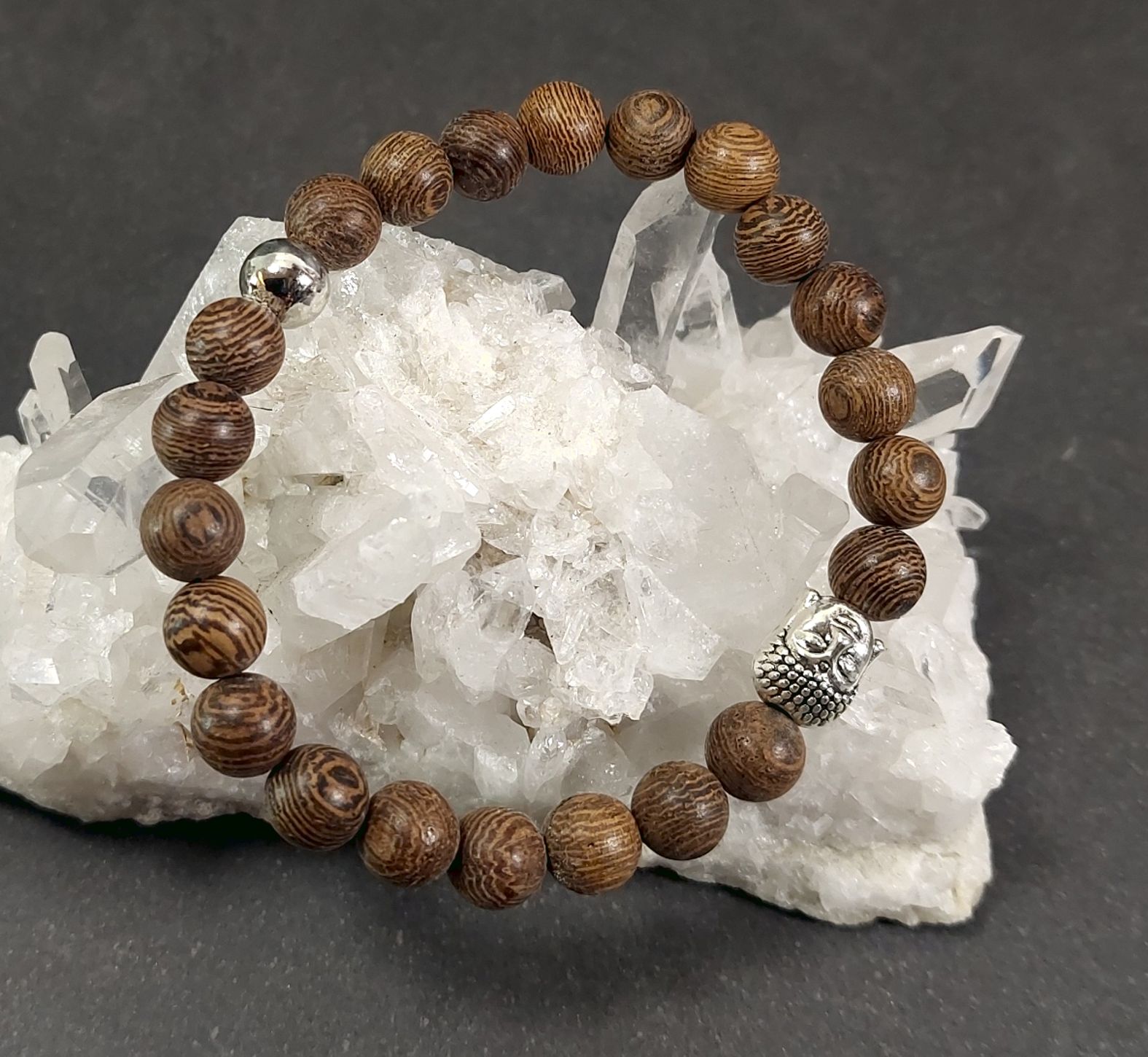  Armband  i Zebraträ med Silver Buddha  - 8mm  Pärlor