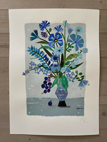 Collage "Blåklint och förgätmigej" av Maria C Bernhardsson. Orginal utan ram. 70x50cm.