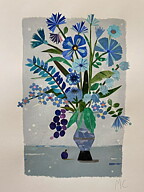 Collage "Blåklint och förgätmigej" av Maria C Bernhardsson. Orginal utan ram. 70x50cm.