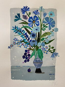 Collage "Blåklint och förgätmigej" av Maria C Bernhardsson. Orginal utan ram. 70x50cm.