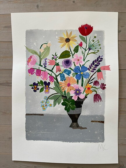 Collage "Favoritblommor" av Maria C Bernhardsson. Orginal utan ram. 70x50cm.
