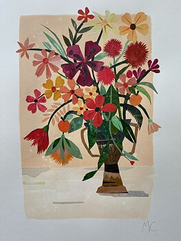 Collage "Solens blommor" av Maria C Bernhardsson. Orginal utan ram. 70x50cm.