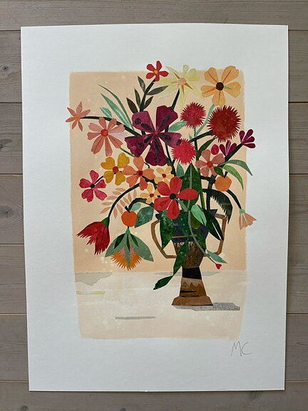 Collage "Solens blommor" av Maria C Bernhardsson. Orginal utan ram. 70x50cm.