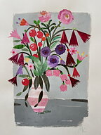 Collage "Pioner och anemoner" av Maria C Bernhardsson. Orginal utan ram. 70x50cm.