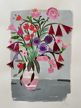 Collage "Pioner och anemoner" av Maria C Bernhardsson. Orginal utan ram. 70x50cm.