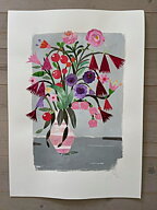 Collage "Pioner och anemoner" av Maria C Bernhardsson. Orginal utan ram. 70x50cm.