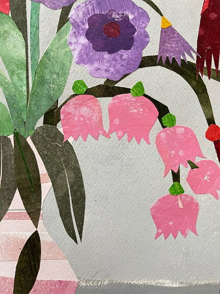 Collage "Pioner och anemoner" av Maria C Bernhardsson. Orginal utan ram. 70x50cm.