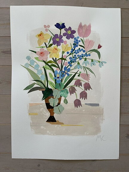 Collage "Vårens första dag" av Maria C Bernhardsson. Orginal utan ram. 70x50cm.
