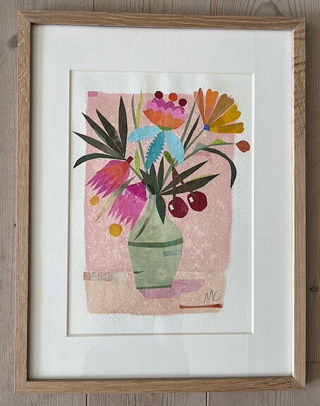 Collage "Sommarbukett" av Maria C Bernhardsson. Orginal med träram.  42x32cm.