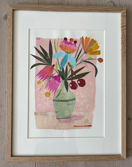 Collage "Sommarbukett" av Maria C Bernhardsson. Orginal med träram.  42x32cm.
