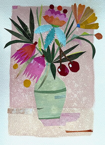 Collage "Sommarbukett" av Maria C Bernhardsson. Orginal med träram.  42x32cm.